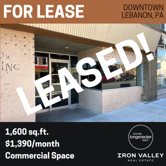 45 S. 8th Street, Lebanon PA 17042 – Commercial first floor space for lease 45 S. 8th Street, Lebanon PA 17042 - Commercial first floor space for lease