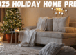 A softly lit living room with a decorated tree in the background, layered blankets and pillows on a neutral sofa, and candles or twinkle lights glowing gently. Décor is subtle — think natural greenery, gold accents, and textures of knit and wood.