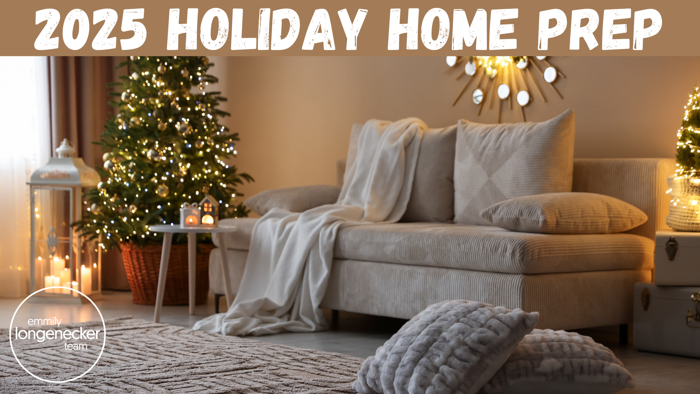 A softly lit living room with a decorated tree in the background, layered blankets and pillows on a neutral sofa, and candles or twinkle lights glowing gently. Décor is subtle — think natural greenery, gold accents, and textures of knit and wood.