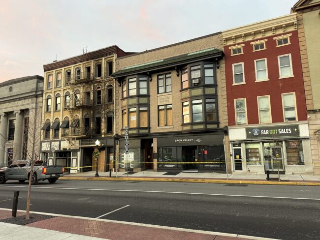 Downtown Lebanon PA commercial building exterior during rebuilding process after fire